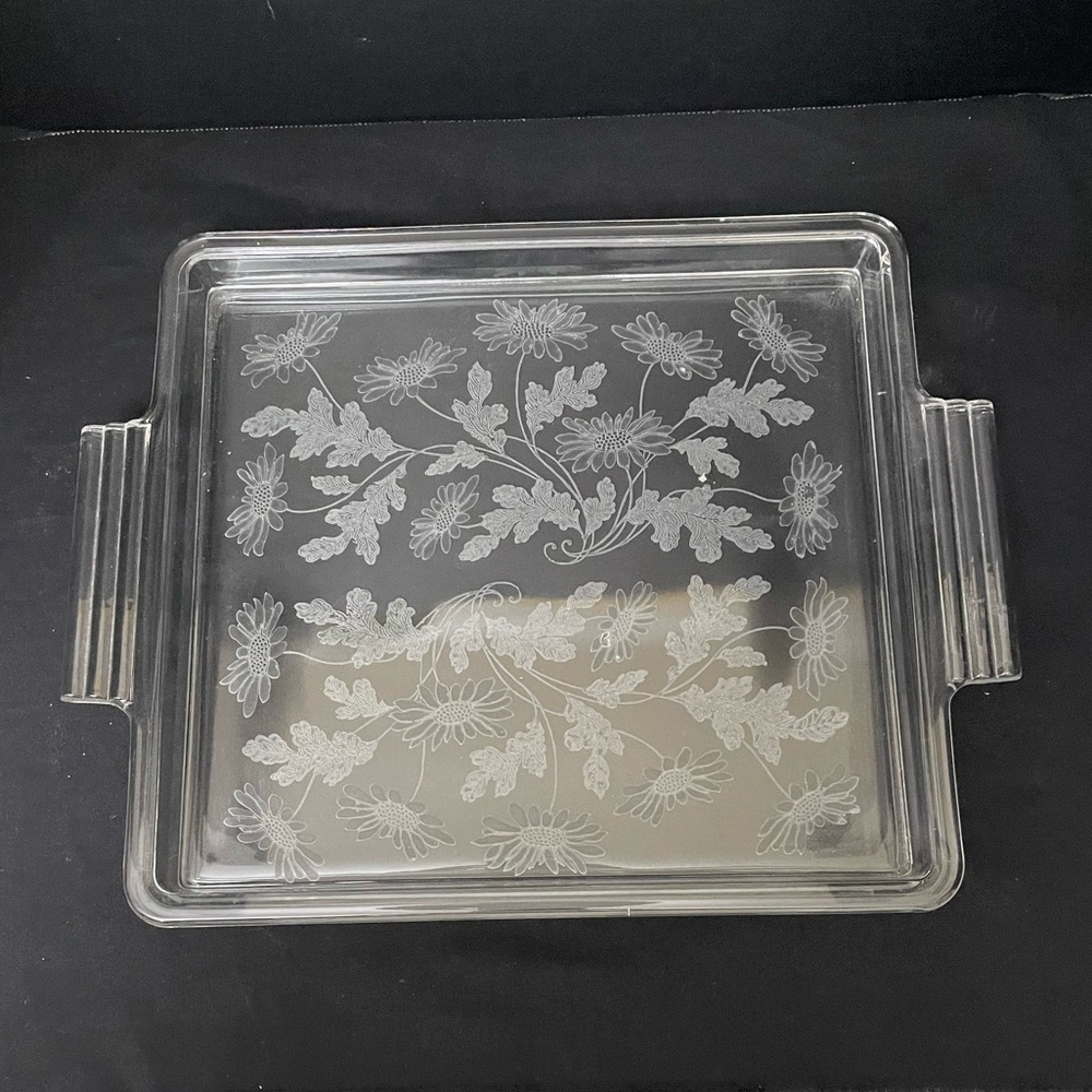 Etched Glass Tray Rectangle Floral Flowers Leaves Handles Cottage Elegant